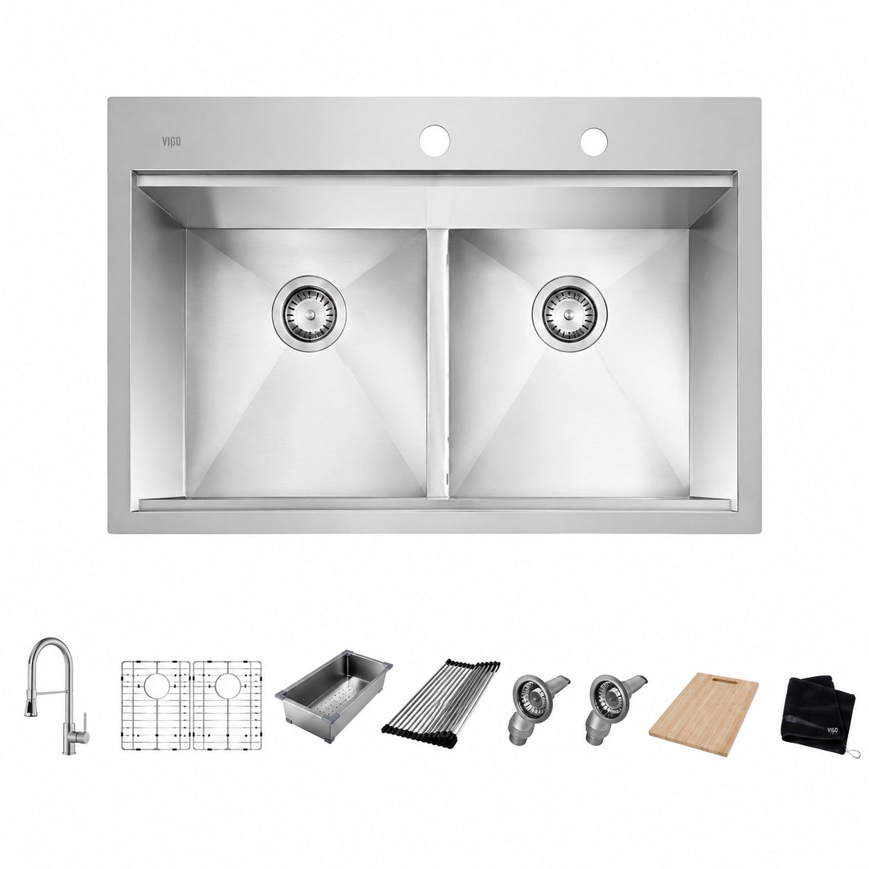 Glacier Bay Zero Radius 33 in Drop In 50 50 Double Bowl 18 Gauge Stainless Steel Workstation Kitchen Sink with Spring Neck Faucet
