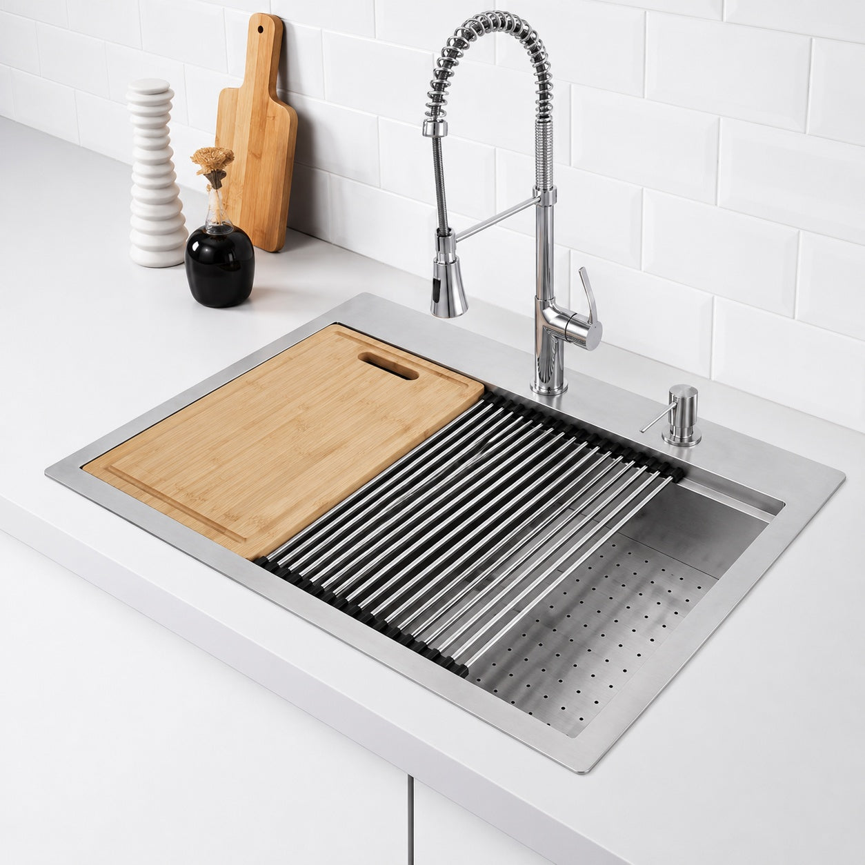 Glacier Bay Zero Radius 33 in Drop In 50 50 Double Bowl 18 Gauge Stainless Steel Workstation Kitchen Sink with Spring Neck Faucet