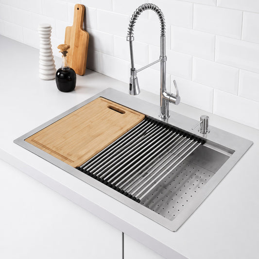 Glacier Bay Zero Radius 33 in Drop In 50 50 Double Bowl 18 Gauge Stainless Steel Workstation Kitchen Sink with Spring Neck Faucet