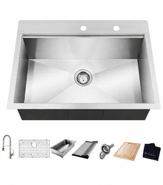 Glacier Bay Zero Radius 32 in Drop In Single Bowl 18 Gauge Stainless Steel Workstation Kitchen Sink with Spring Neck Faucet