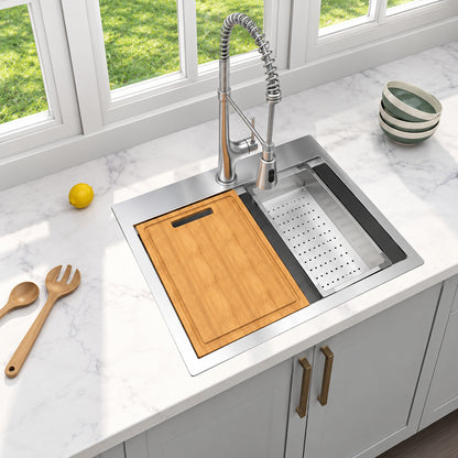 Glacier Bay Zero Radius 27 in Drop In Single Bowl 18 Gauge Stainless Steel Workstation Kitchen Sink with Spring Neck Faucet