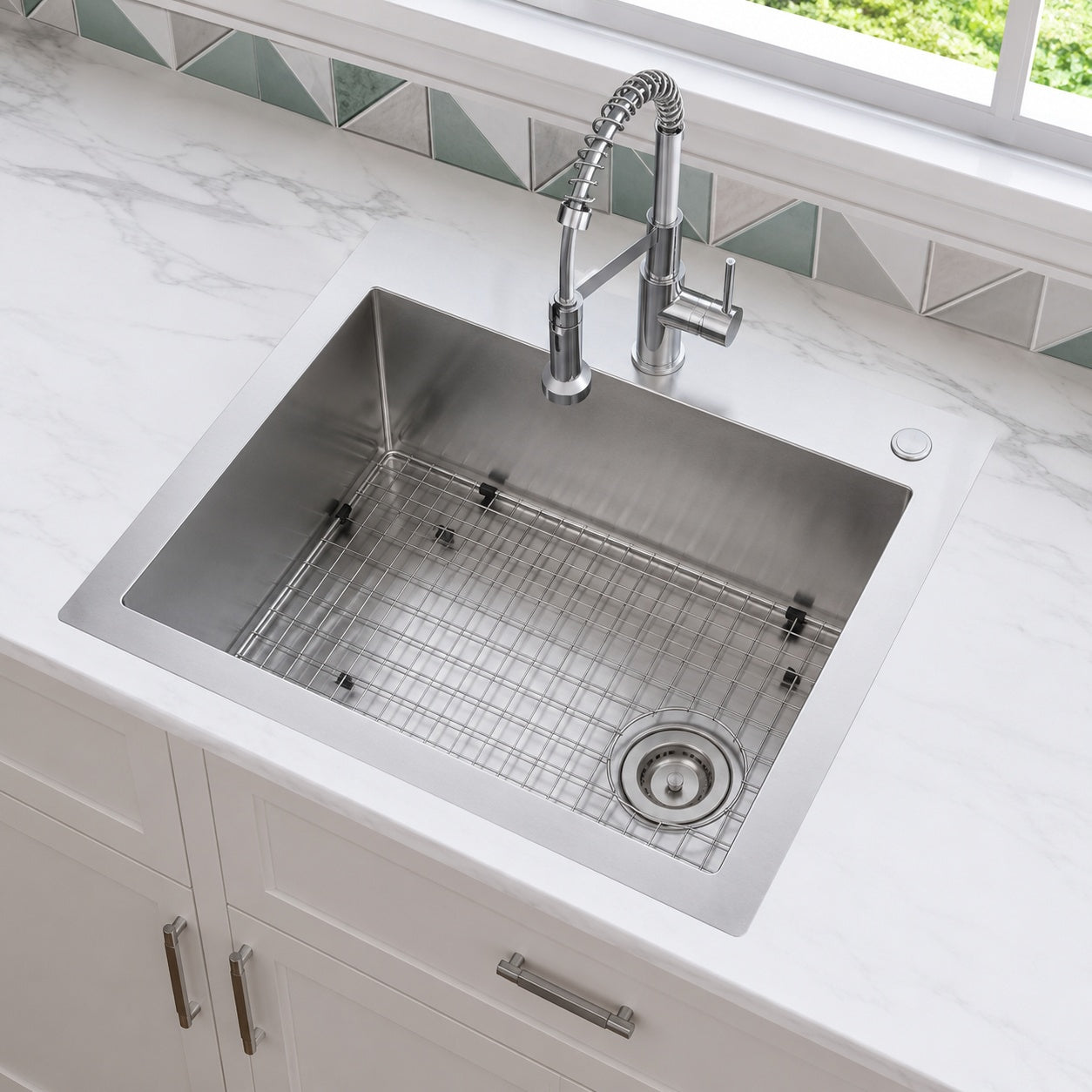Glacier Bay Dolancourt Tight Radius 25 in Drop In Single Bowl 18 Gauge Stainless Steel Kitchen Sink with Pull Down Faucet