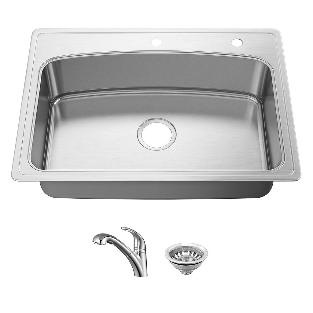 Glacier Bay 33 in. Drop-In Single Bowl 20 Gauge Stainless Steel Kitchen Sink with Pull-Out Faucet