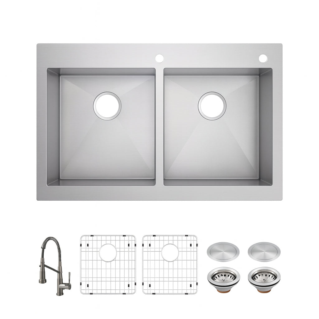 Glacier Bay Professional Zero Radius 33 in. Drop-In 50/50 Double Bowl 16 Gauge Stainless Steel Kitchen Sink with Spring Neck Faucet