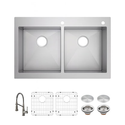 Glacier Bay Professional Zero Radius 33 in. Drop-In 50/50 Double Bowl 16 Gauge Stainless Steel Kitchen Sink with Spring Neck Faucet