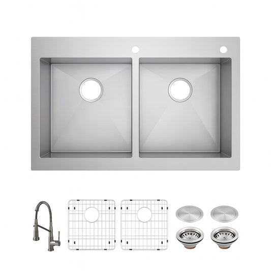 Glacier Bay Professional Zero Radius 33 in. Drop-In 50/50 Double Bowl 16 Gauge Stainless Steel Kitchen Sink with Spring Neck Faucet