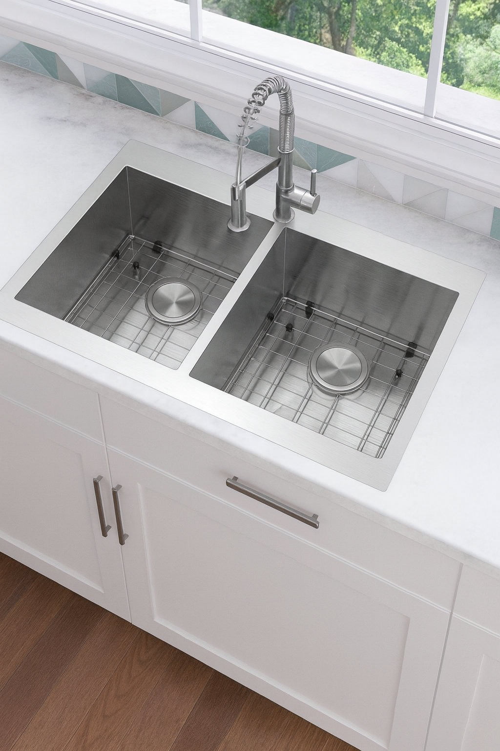 Glacier Bay Professional Zero Radius 33 in. Drop-In 50/50 Double Bowl 16 Gauge Stainless Steel Kitchen Sink with Spring Neck Faucet