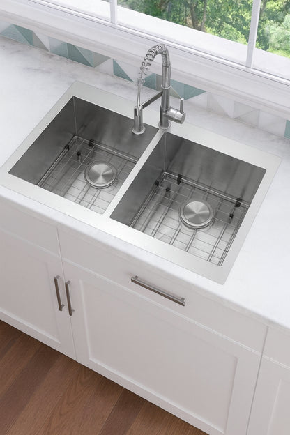 Glacier Bay Professional Zero Radius 33 in. Drop-In 50/50 Double Bowl 16 Gauge Stainless Steel Kitchen Sink with Spring Neck Faucet