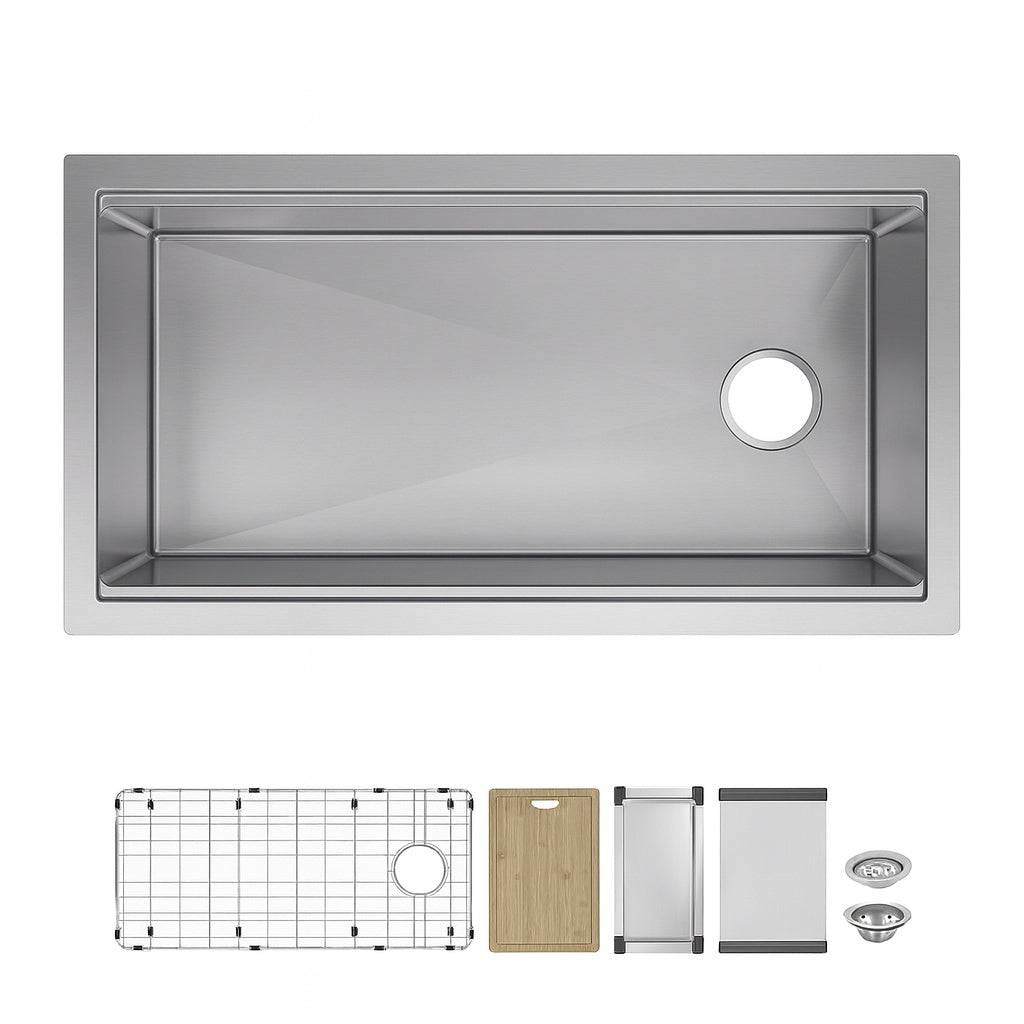 Glacier Bay Professional Zero Radius 36 in. Undermount Single Bowl 16 Gauge Stainless Steel Workstation Kitchen Sink with Faucet