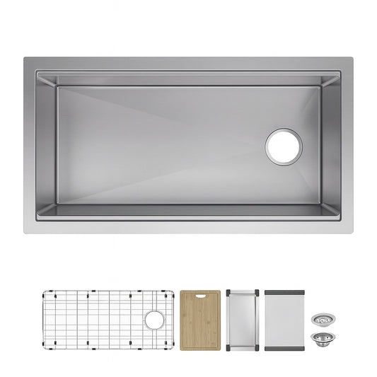 Glacier Bay Professional Zero Radius 36 in. Undermount Single Bowl 16 Gauge Stainless Steel Workstation Kitchen Sink with Faucet