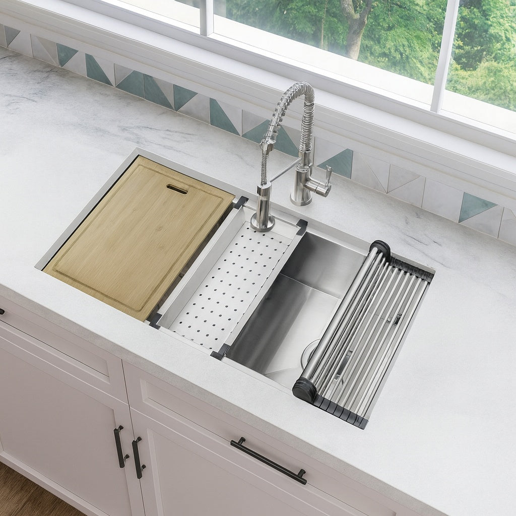 Glacier Bay Professional Zero Radius 36 in. Undermount Single Bowl 16 Gauge Stainless Steel Workstation Kitchen Sink with Faucet