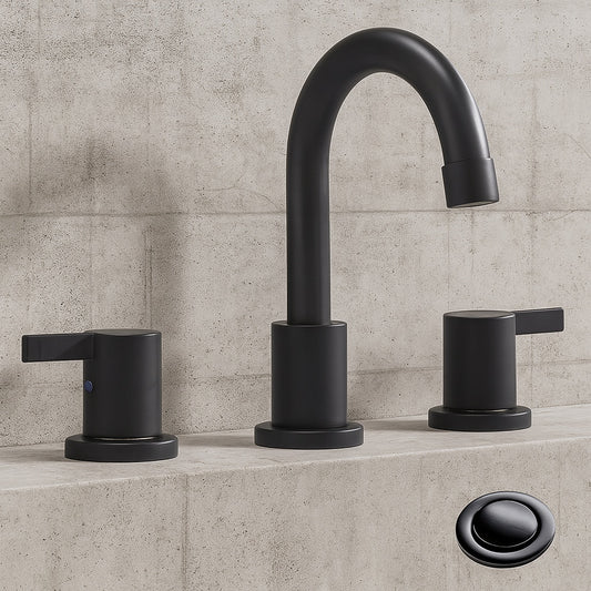 3-Hole Low-Arch 2-Handle Wide spread Bathroom Faucets with Valve and Metal Pop-Up Drain Assembly