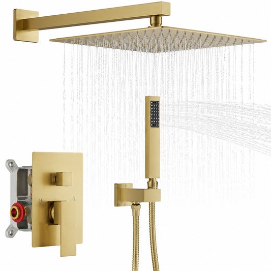 BWE Luxurious Single Handle 2 Spray 12 in Wall Mount Square Shower Head with Hand Shower Faucet in Brushed Gold