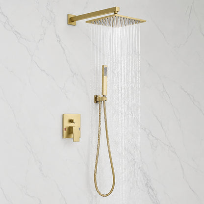 BWE Luxurious Single Handle 2 Spray 12 in Wall Mount Square Shower Head with Hand Shower Faucet in Brushed Gold