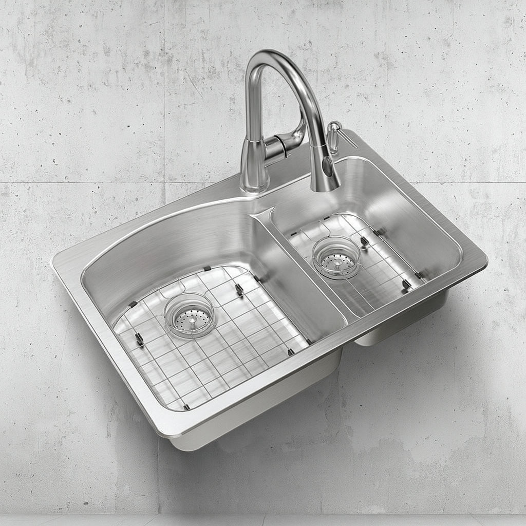 33 in. Drop-In 60/40 Double Bowl 18 Gauge Stainless Steel Kitchen Sink with Pull-Down Faucet