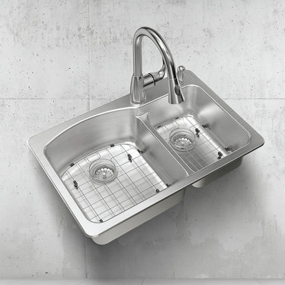 33 in. Drop-In 60/40 Double Bowl 18 Gauge Stainless Steel Kitchen Sink with Pull-Down Faucet