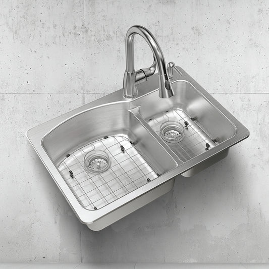 33 in. Drop-In 60/40 Double Bowl 18 Gauge Stainless Steel Kitchen Sink with Pull-Down Faucet