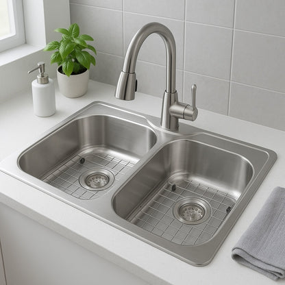 33 in. Drop-In 60/40 Double Bowl 18 Gauge Stainless Steel Kitchen Sink with Pull-Down Faucet