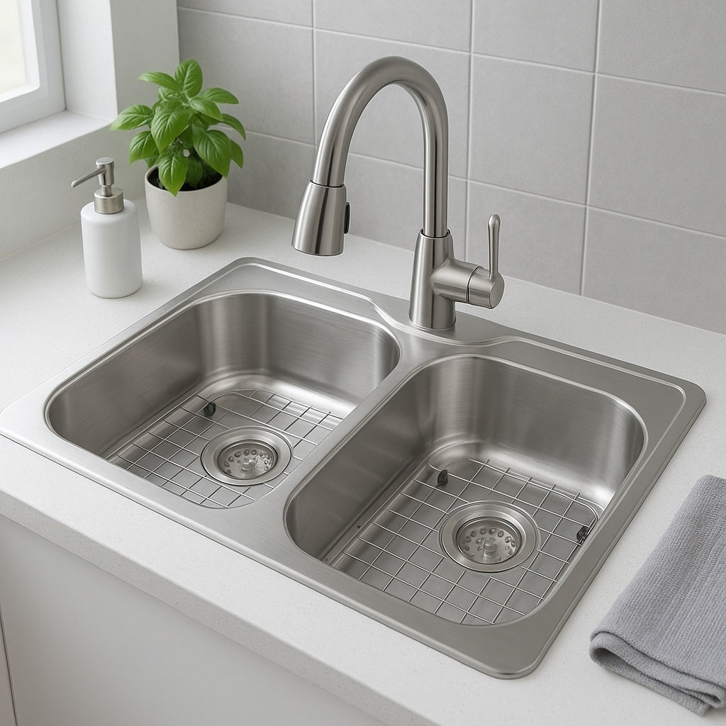Glacier Bay 33 in Drop In 60 40 Double Bowl 18 Gauge Stainless Steel Kitchen Sink with Pull Down Faucet