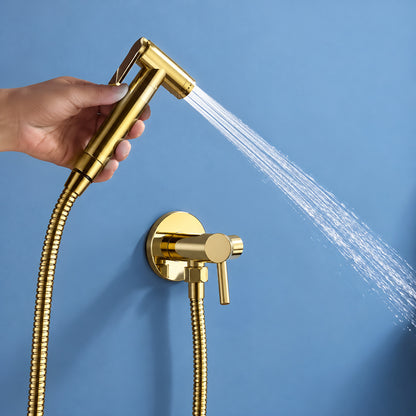 UKISHIRO Viki Single Handle Bidet Faucet with Sprayer Holder Solid Brass Rough in Valve and SUS304 Bidet Hose in Brushed Gold SMDJEN627016