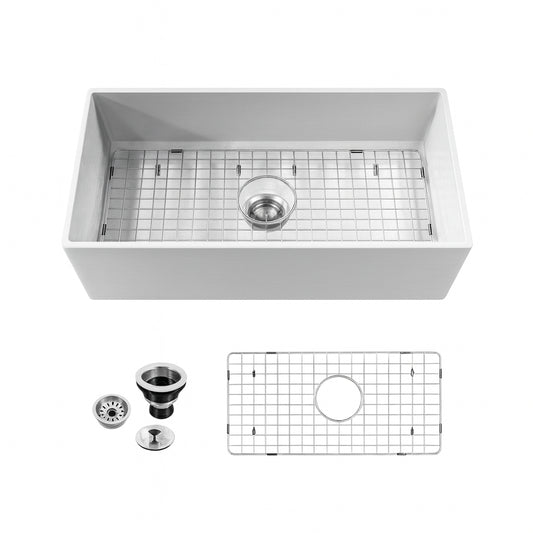 HOROW White Fireclay 33 in. L x 18 in. W Rectangular Single Bowl Farmhouse Apron Kitchen Sink with Grid and Strainer
