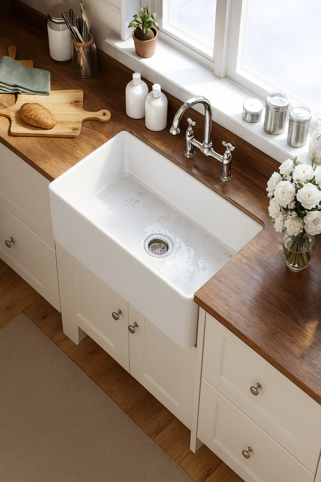 HOROW White Fireclay 33 in. L x 18 in. W Rectangular Single Bowl Farmhouse Apron Kitchen Sink with Grid and Strainer