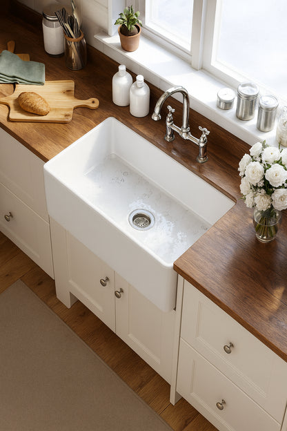 HOROW White Fireclay 33 in. L x 18 in. W Rectangular Single Bowl Farmhouse Apron Kitchen Sink with Grid and Strainer
