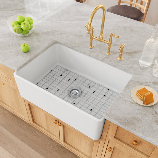 HOROW White Fireclay 30 in. x 20 in. Single Bowl Farmhouse Apron Front Kitchen Sink with Bottom Grid and Strainer