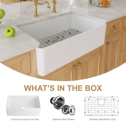HOROW White Fireclay 30 in. x 20 in. Single Bowl Farmhouse Apron Front Kitchen Sink with Bottom Grid and Strainer