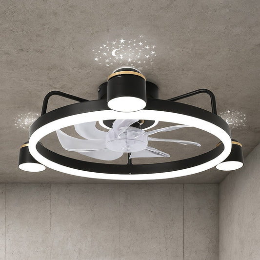 Aura 28in LED Indoor Black Starry Night Bladeless Smart App Control Low Profile Ceiling Fan W Light Flush Mount Ceiling Fan DC2001