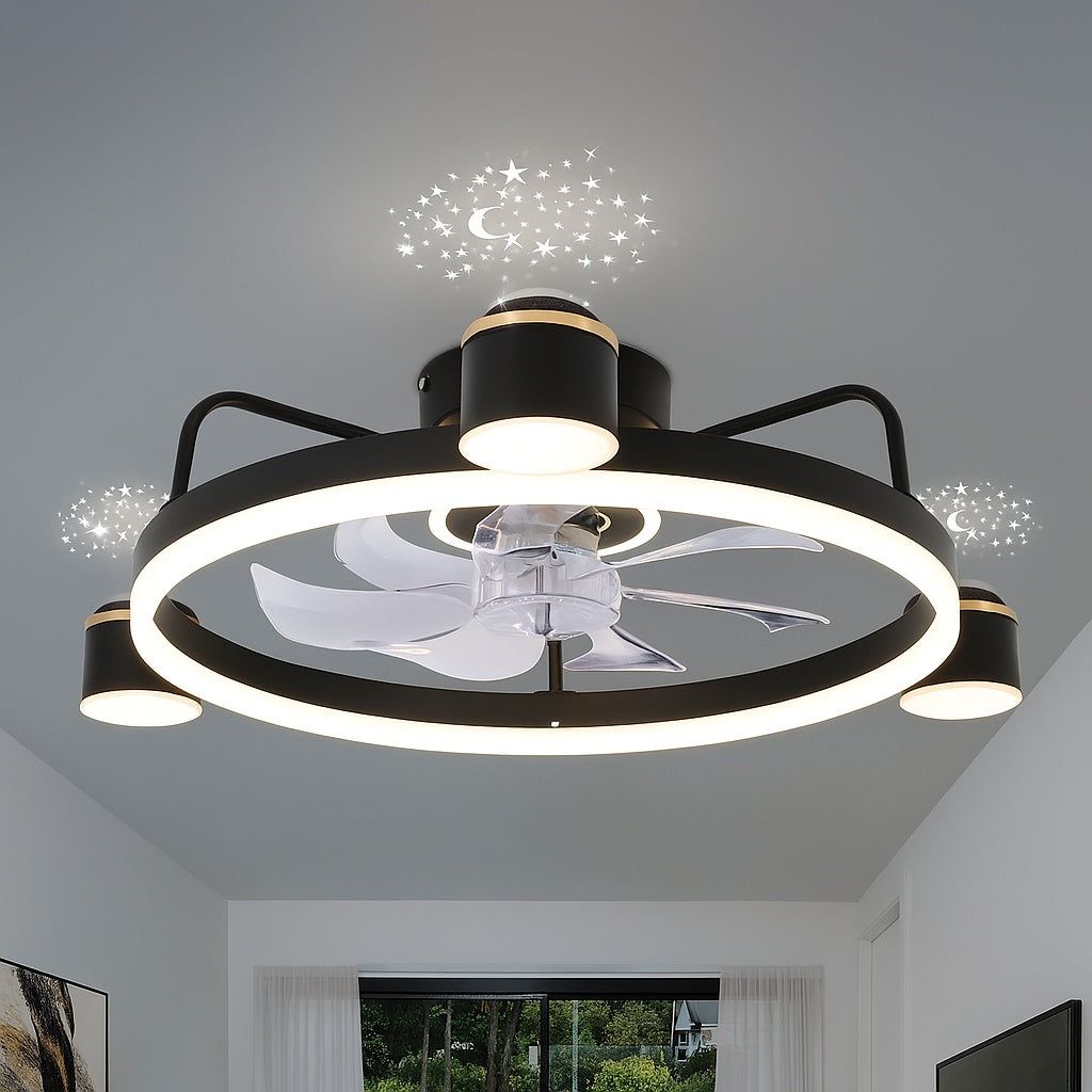 Aura 28in LED Indoor Black Starry Night Bladeless Smart App Control Low Profile Ceiling Fan W Light Flush Mount Ceiling Fan DC2001