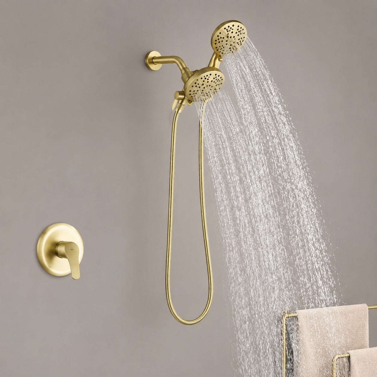 FLG Single Handle 7 Spray 2 in 1 Shower Faucet with Valve and Dual Shower Head in Brushed Gold