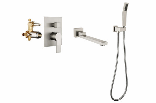 FLG Single Handle Wall Mount Roman Tub Faucet with Hand Shower Brass Tub Filler in Brushed Nickel