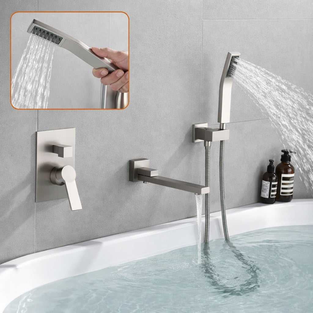 FLG Single Handle Wall Mount Roman Tub Faucet with Hand Shower Brass Tub Filler in Brushed Nickel
