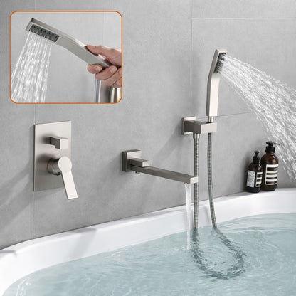 FLG Single Handle Wall Mount Roman Tub Faucet with Hand Shower Brass Tub Filler in Brushed Nickel