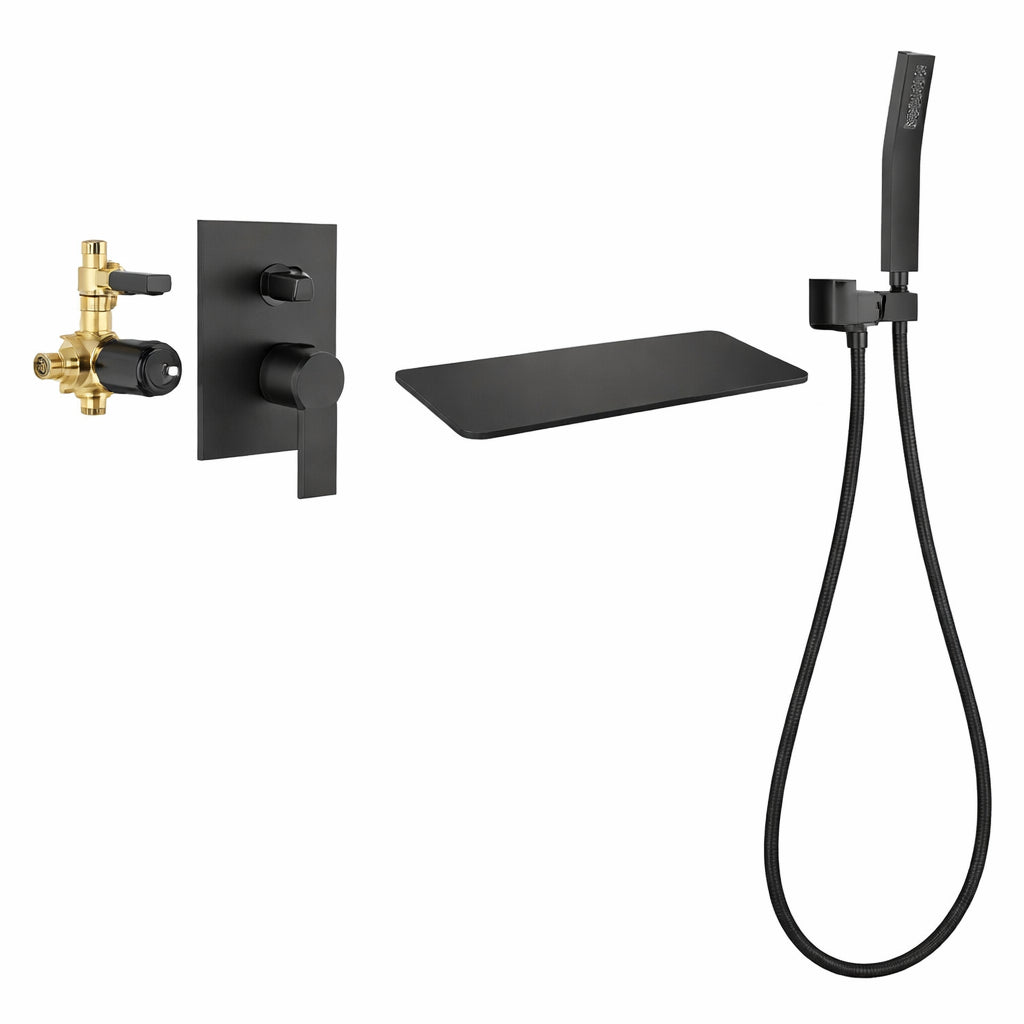 FLG Single Handle Wall Mount Roman Tub Faucet with Hand Shower Modern Bath Tub Filler in Matte Black