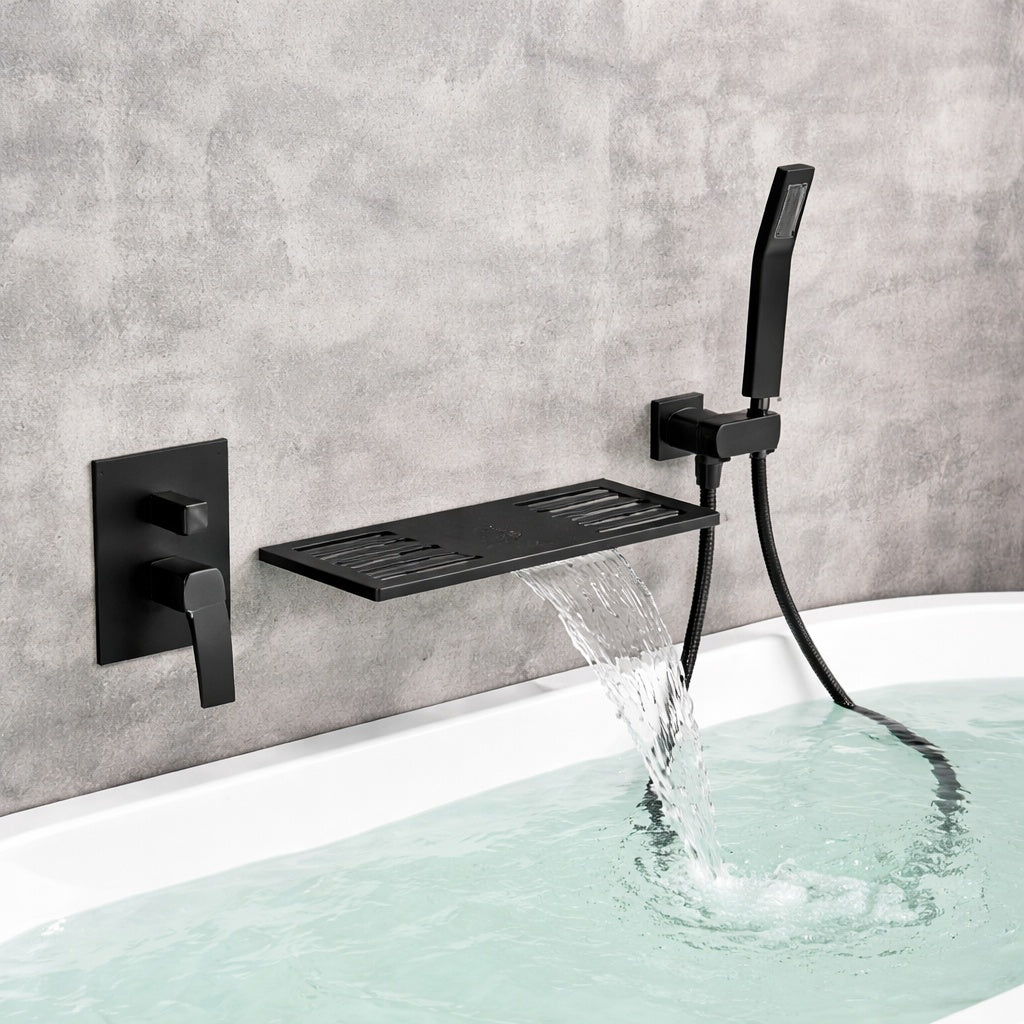 FLG Single Handle Wall Mount Roman Tub Faucet with Hand Shower Modern Bath Tub Filler in Matte Black