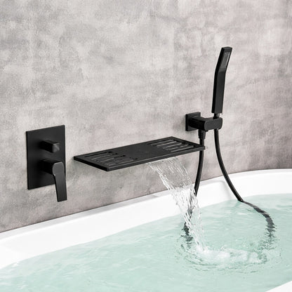 FLG Single Handle Wall Mount Roman Tub Faucet with Hand Shower Modern Bath Tub Filler in Matte Black