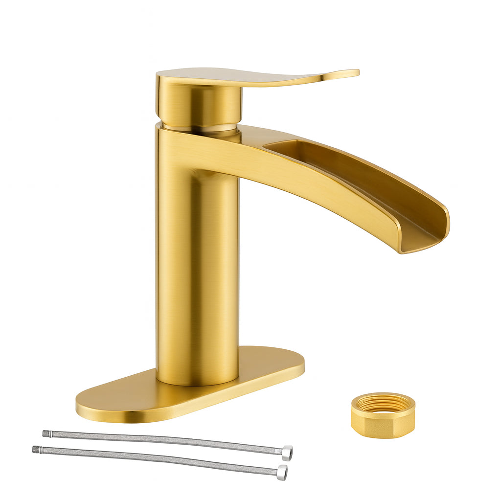 Phiestina Single Handle Waterfall Faucet for Bathroom Sink in Brushed Gold Finish