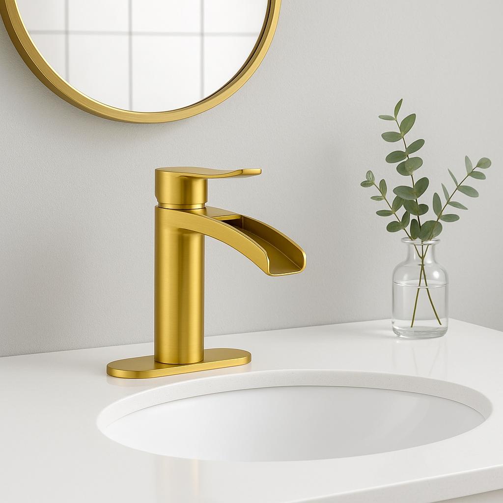 Phiestina Single Handle Waterfall Faucet for Bathroom Sink in Brushed Gold Finish