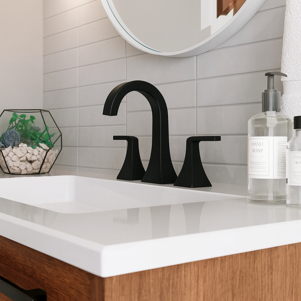 Pfister Bruxie 8 in. Adjustable Widespread Double Handle Bathroom Faucet with Drain Kit Included in Spot Defense Matte Black