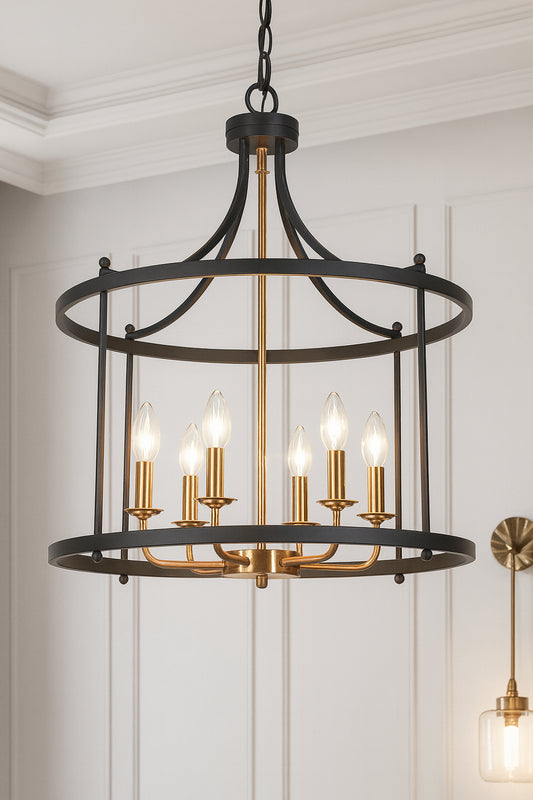 LNC Modern Farmhouse 21.5 in. 6-Light Matte Black and Plating Brass Drum Chandelier with Candle Design for Kitchen Island