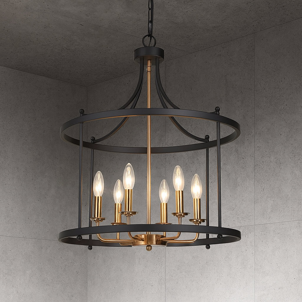 LNC Modern Farmhouse 21.5 in. 6-Light Matte Black and Plating Brass Drum Chandelier with Candle Design for Kitchen Island