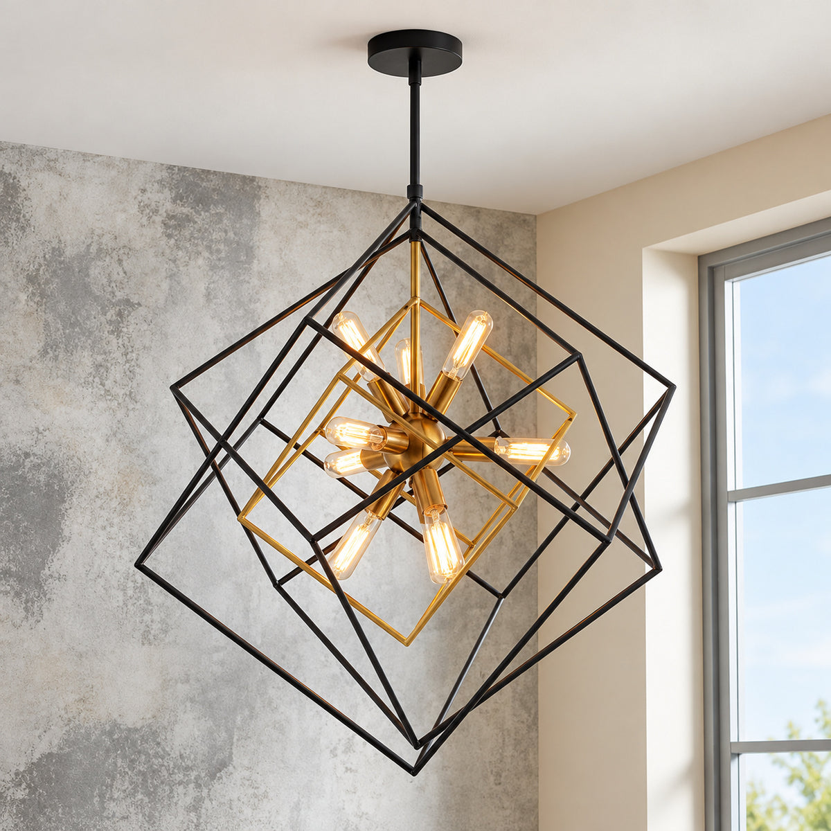 Artika Imperium 9 Light Black and Gold Modern Sputnik Geometric Chandelier Hanging Light Fixture for Dining Room or Kitchen CHMP HD2BG