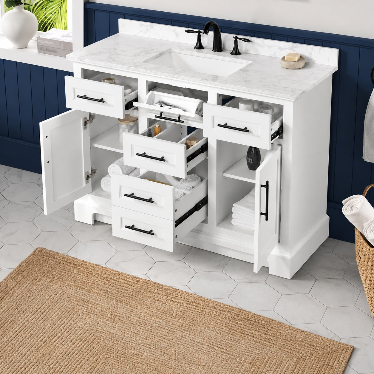Home Decorators Collection Doveton 48 in Single Sink Freestanding White Bath Vanity with White Engineered Marble Top Assembled Doveton 48W