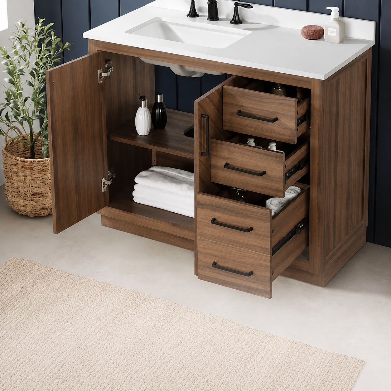 Glacier Bay Huckleberry 42 in Single Sink Freestanding Spiced Walnut Bath Vanity with White Engineered Stone Top Assembled Huckleberry42SW