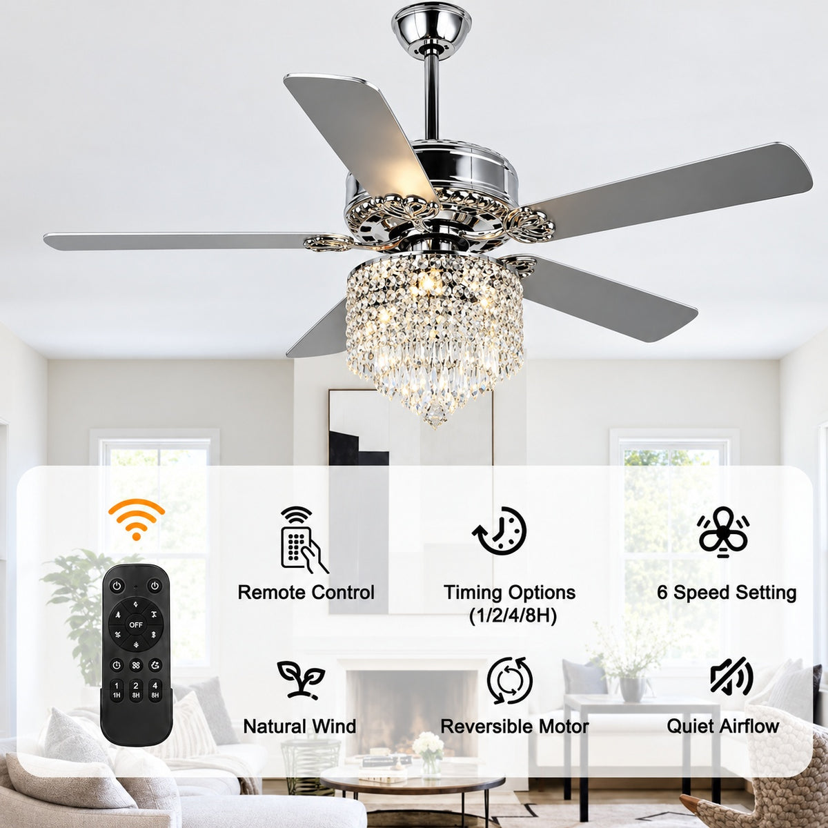 Oaks Aura Veneto 52 in Indoor Chrome Ceiling Fan Classic Glam Crystal Tradition Reversible with Light Remote Control Included BD2017