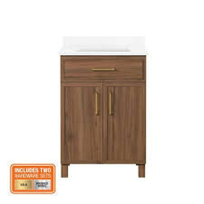 Home Decorators Collection Bilston 24 in Single Sink Spiced Walnut Bath Vanity with White Engineered Stone Top Assembled Bilston