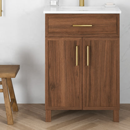 Home Decorators Collection Bilston 24 in Single Sink Spiced Walnut Bath Vanity with White Engineered Stone Top Assembled Bilston