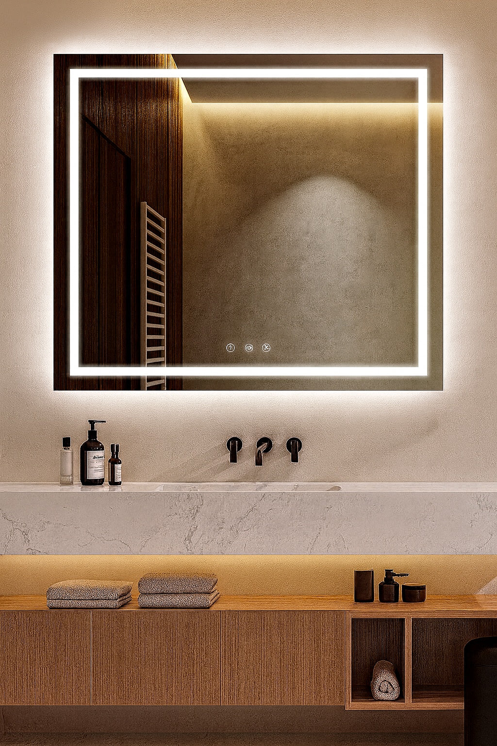 WOODSAM 48 in. W x 40 in. H Rectangular Aluminum Framed Anti-Fog LED Lighted Wall Bathroom Vanity Mirror in Brushed Gold